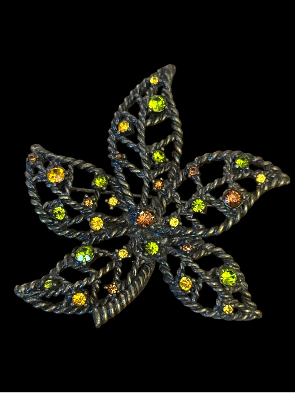Vintage Avon NR bronze tone rhinestone openwork leaf brooch